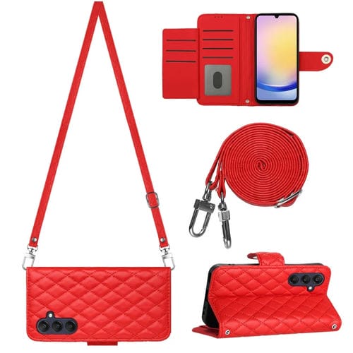 Funda de Cuero para Samsung Galaxy A55 con Tapa Textura Rómbica y Cordón Largo (Rojo)