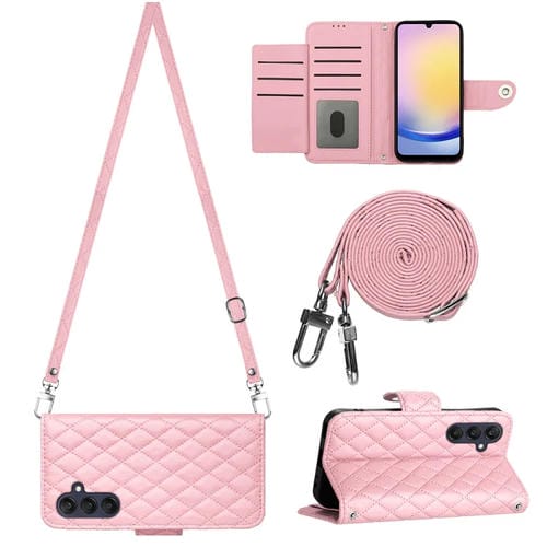 Funda de Cuero para Samsung Galaxy A35 con Tapa Textura Rómbica y Cordón Largo (Rosa)