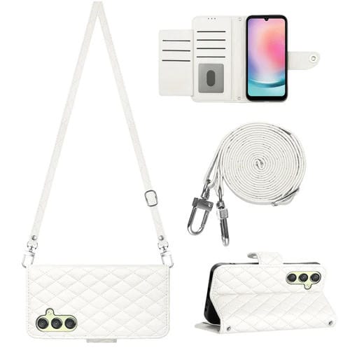 Funda para Teléfono Samsung Galaxy A14 4G y 5G con Tapa de Cuero Textura Rómbica y Cordón Largo (Blanco)