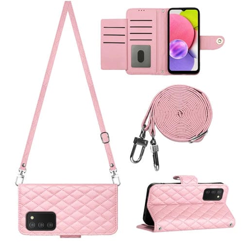 Funda para Teléfono Samsung Galaxy A03S Cuero con Tapa Textura Rómbica y Cordón Largo (Rosa)