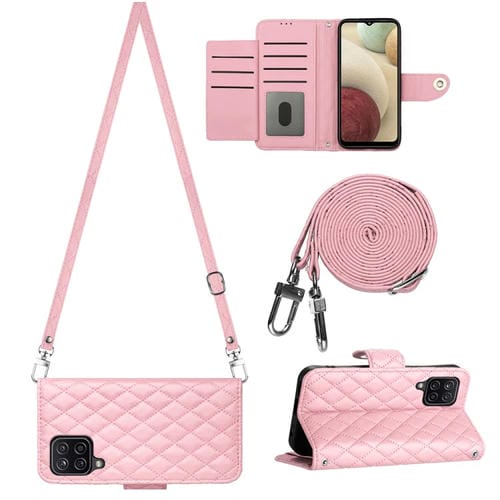 Funda de Cuero para Samsung Galaxy A12 M12 con Tapa Textura Rómbica y Cordón Largo (Rosa)