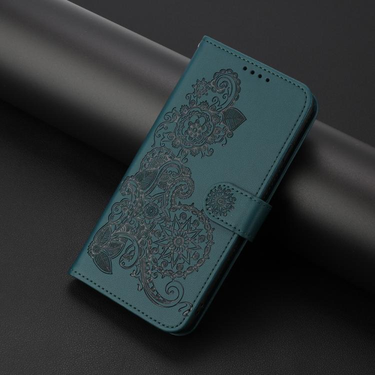 Funda de Cuero con Tapa y Relieve Flor de Datura para Infinix Hot 10T/Hot 10S (Verde Oscuro)
