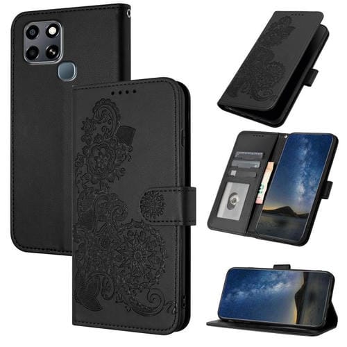 Funda de Cuero con Tapa para Infinix Smart 6 y Smart 6 HD con Relieve Flor de Datura (Negro)