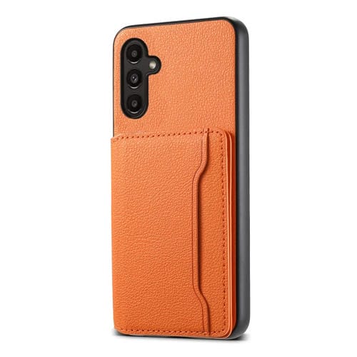 Funda para Teléfono Samsung Galaxy A14 con Diseño de Bolsa para Tarjetas con Textura de Becerro (Naranja)