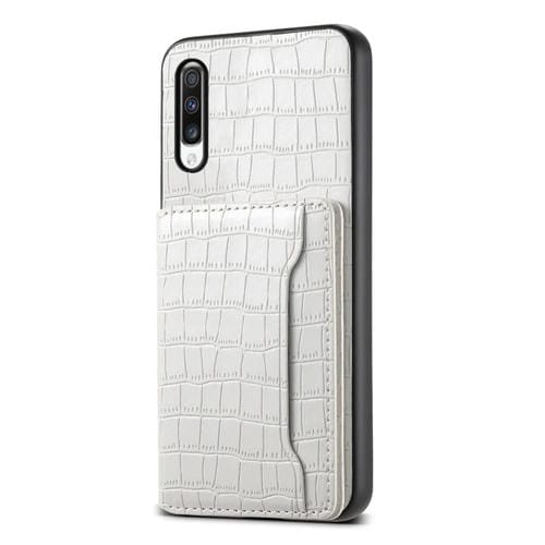 Estuche para Teléfono Samsung Galaxy A70 con Diseño Bolsa para Tarjetas Textura de Cocodrilo (Blanco)
