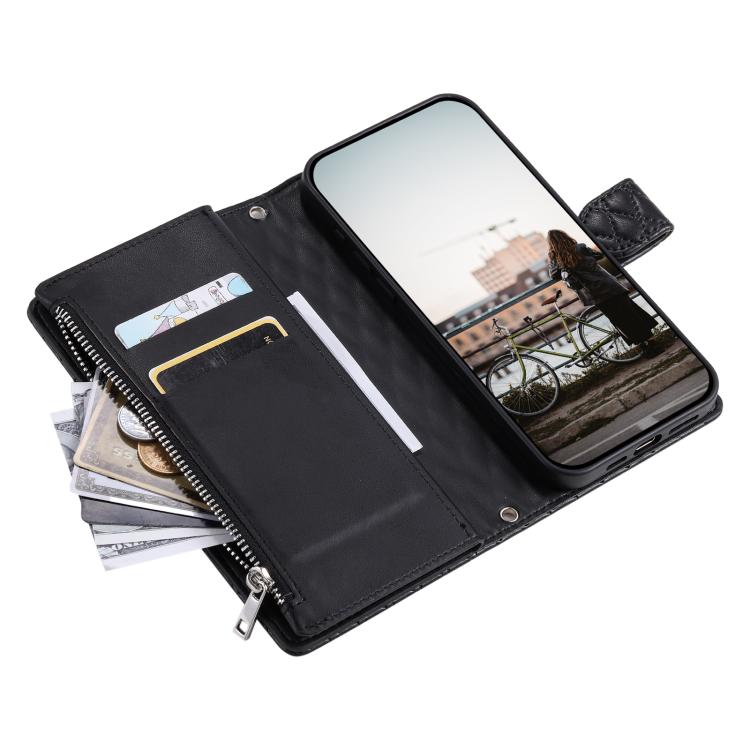 Funda Tipo Billetera Cuero con Cremallera y Diseño Celosía para iPhone 16E (Negra)