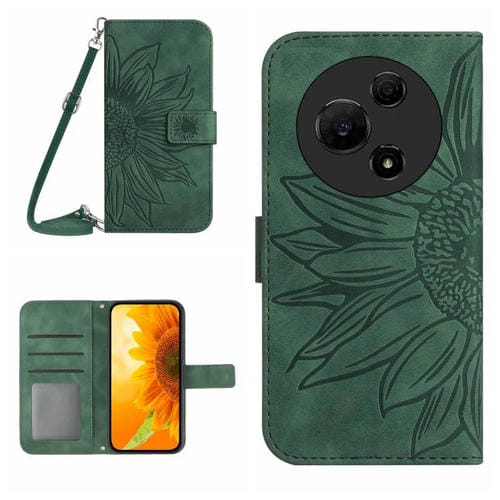 Funda de piel con tapa y cordón para TCL 60 SE / 605, con diseño de girasol en relieve y tacto suave (verde)
