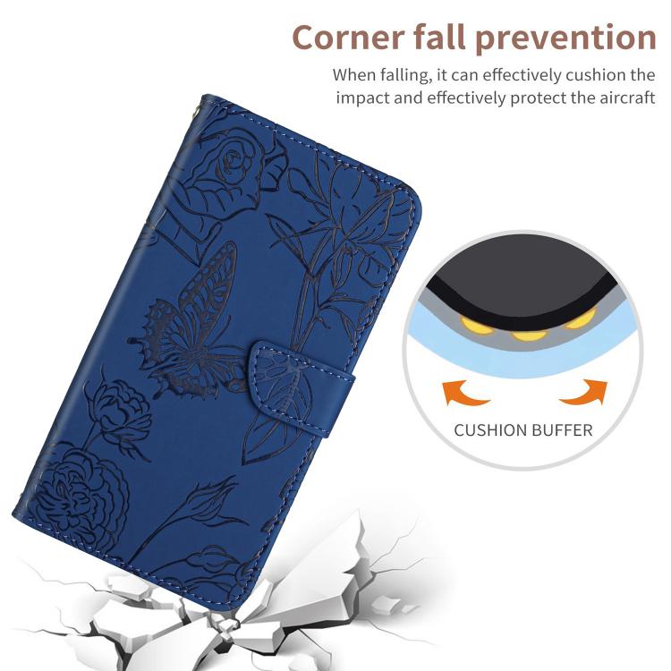Funda de cuero con tapa y diseño de mariposas en relieve para TCL 60 SE / 605 HT03 (azul)