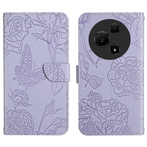 Funda de cuero con tapa y diseño de mariposas en relieve para TCL 60 SE / 605 HT03 (morado)