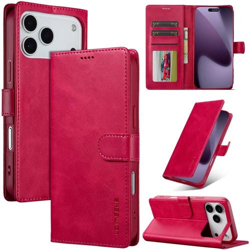 LC.IMEEKE Funda de piel con textura de becerro y tapa horizontal para iPhone 17 Pro Max (Rojo)