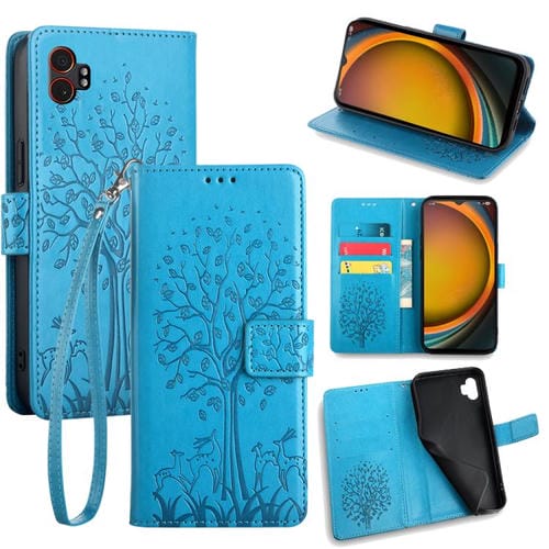 Funda de piel con relieve de árbol y ciervo para Samsung Galaxy XCover 7 Pro 5G (azul)