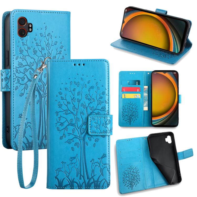 Funda de piel con relieve de árbol y ciervo para Samsung Galaxy XCover 7 Pro 5G (azul)