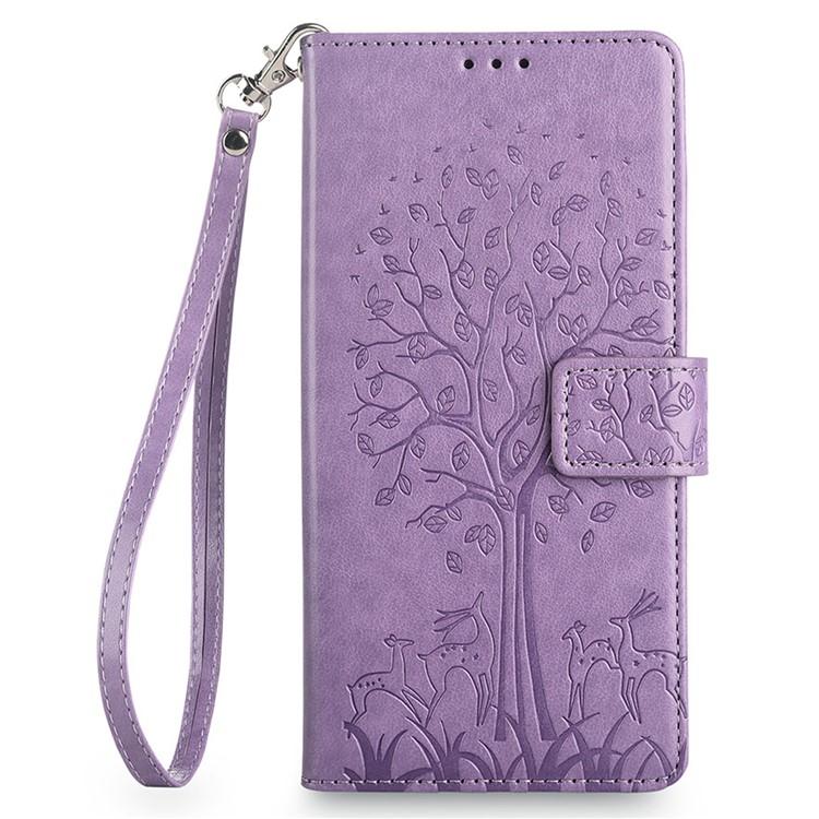 Funda de piel con relieve de árbol y ciervo para Samsung Galaxy XCover 7 Pro 5G (morada)