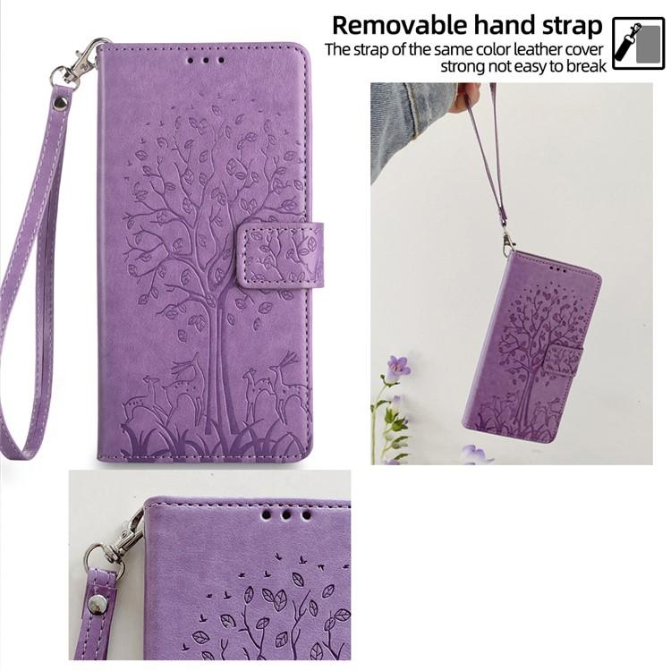 Funda de piel con relieve de árbol y ciervo para Samsung Galaxy XCover 7 Pro 5G (morada)