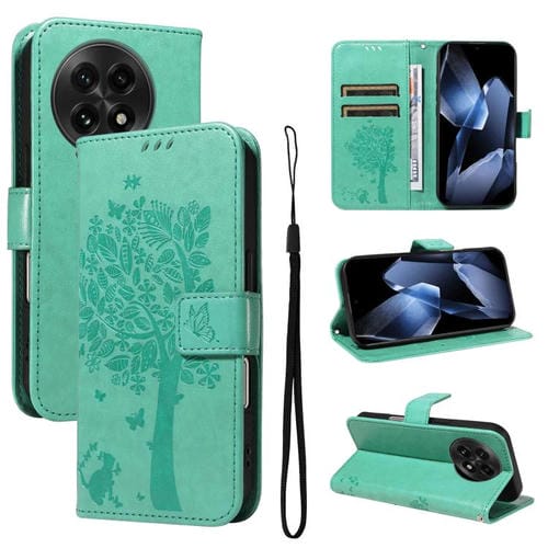 Funda de Cuero con Tapa para OnePlus 13 con Patrón En Relieve Árbol y Gato (Verde)