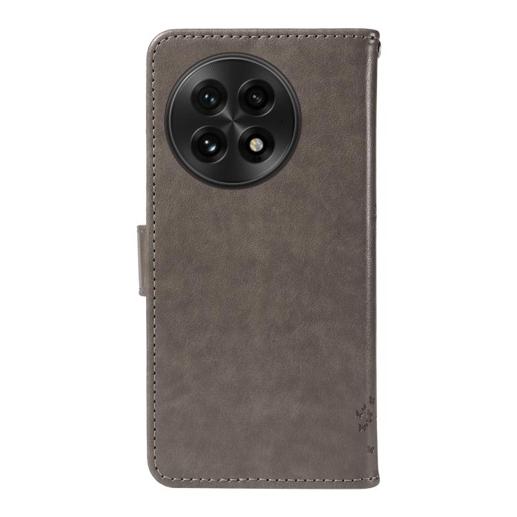 Funda de Cuero con Tapa para OnePlus 13 con Diseño de Árbol y Gato en Relieve (Gris)