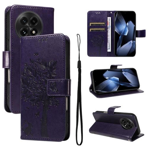 Funda de Cuero con Tapa para OnePlus 13 con Diseño Árbol y Gato en Relieve (Morado)