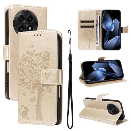 Funda de Cuero con Tapa para OnePlus 13 Diseño Árbol y Gato En Relieve (Dorada)