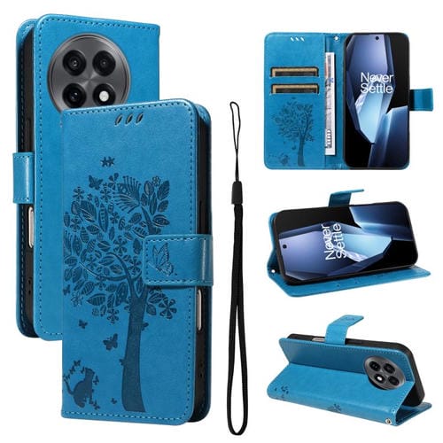 Funda de Cuero con Tapa para OnePlus 13R Global con Diseño de Árbol y Gato en Relieve (Azul)