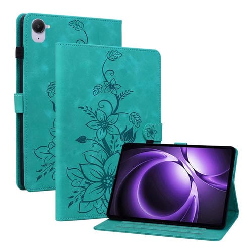 Funda de piel con relieve de lirio para Xiaomi Redmi K Pad de 8,8 pulgadas (verde)