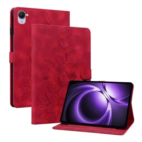Funda de piel con relieve de lirio para Xiaomi Redmi K Pad de 8,8 pulgadas (roja)
