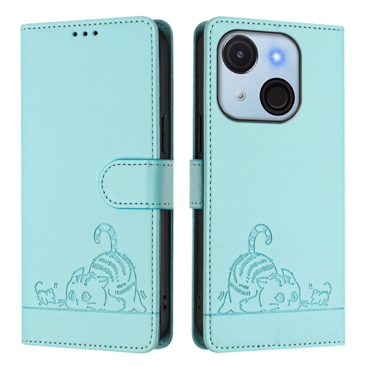 Funda de Cuero Rfid para Teléfono Itel A50C con Cordón Estampado de Rata y Gato (Verde Menta)