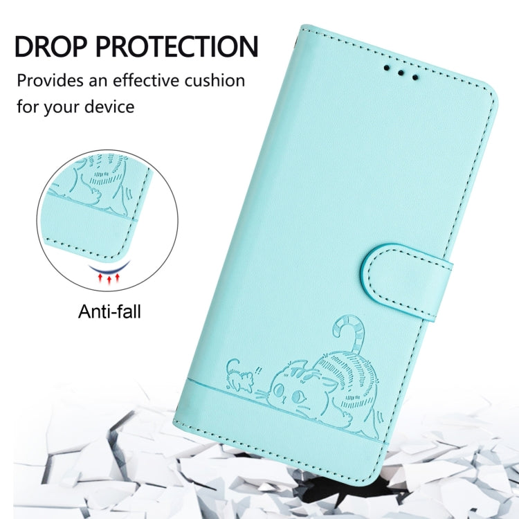 Funda de Cuero Rfid para Teléfono Itel A80 4G con Cordón Estampado Rata y Gato (Verde Menta)