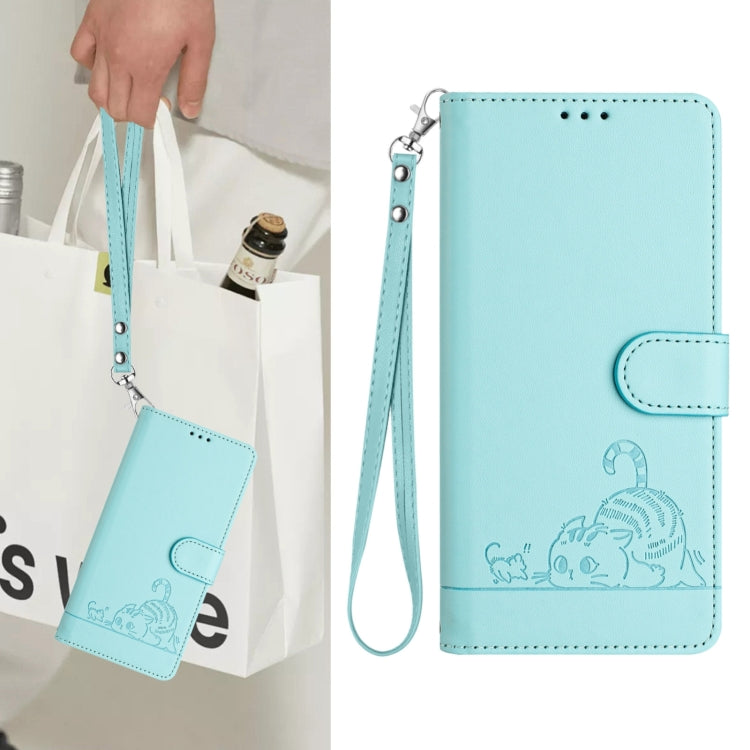 Funda de Cuero Rfid para Teléfono Itel A80 4G con Cordón Estampado Rata y Gato (Verde Menta)