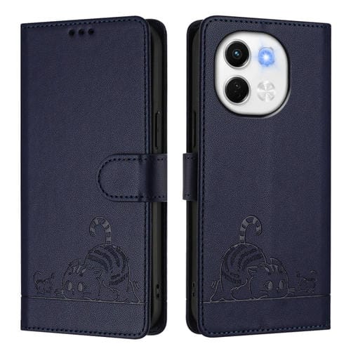 Funda de Cuero Rfid para Tecno Spark 30 5G con Cordón Estampado Rata y Gato (Azul)