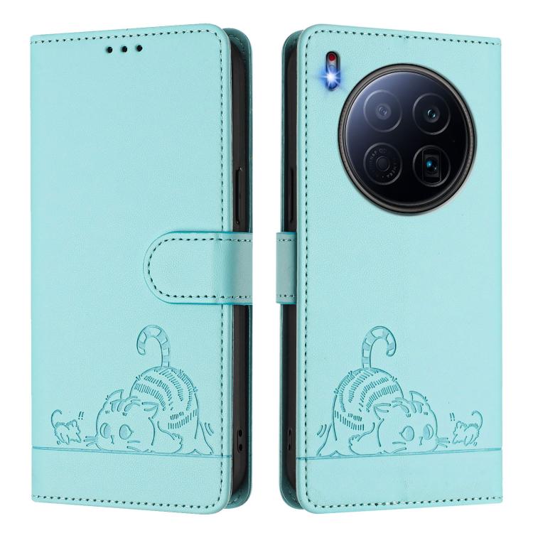 Funda de cuero RFID con estampado de gato y rata para Tecno Camon 40 Premier con cordón (verde menta)
