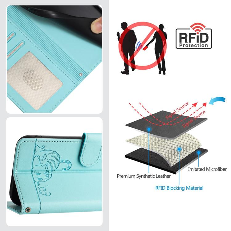 Funda de cuero RFID con estampado de gato y rata para Tecno Camon 40 Premier con cordón (verde menta)