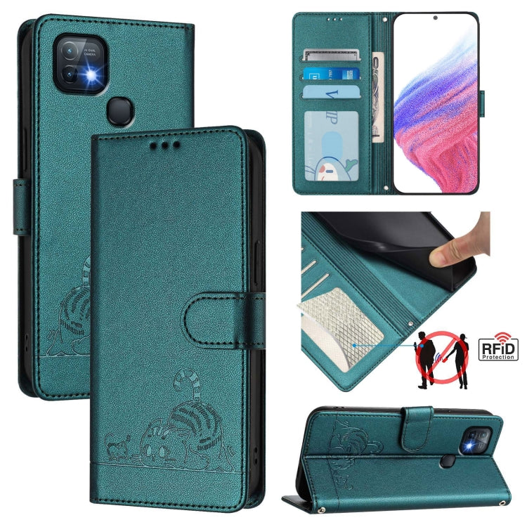 Funda de Cuero RFID para Infinix Hot 10I con Estampado de Rata y Gato en Relieve y Cordón (Verde Pavo Real)