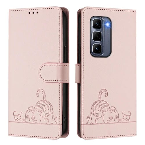 Funda de Cuero Rfid para Infinix Hot 50 Pro+ 4G con Estampado de Rata y Gato y Cordón (Rosa)
