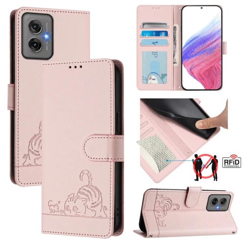 Funda de Cuero Rfid Motorola Moto G55 con Estampado de Rata y Gato en Relieve y Cordón (Rosa)