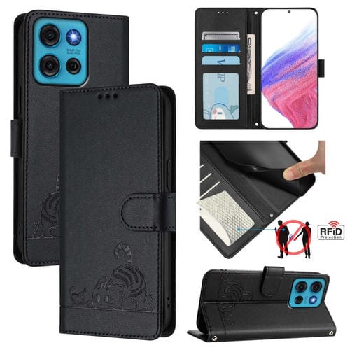 Funda de Cuero Rfid para Motorola Moto G75 con Estampado de Rata y Gato En Relieve y Cordón (Negro)