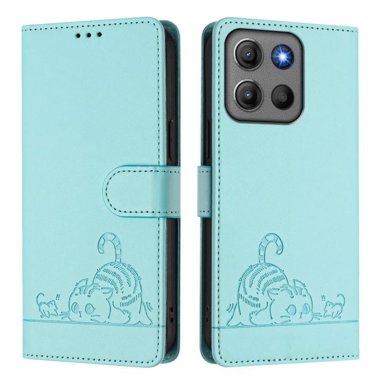 Funda de cuero RFID con estampado de rata y gato para Motorola Moto G15 / G15 Power con cordón (verde menta)