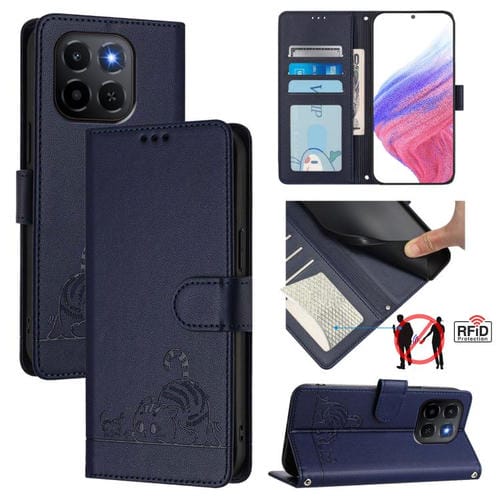 Funda de cuero RFID con estampado de gato y rata para Honor X6c 4G con cordón (azul)