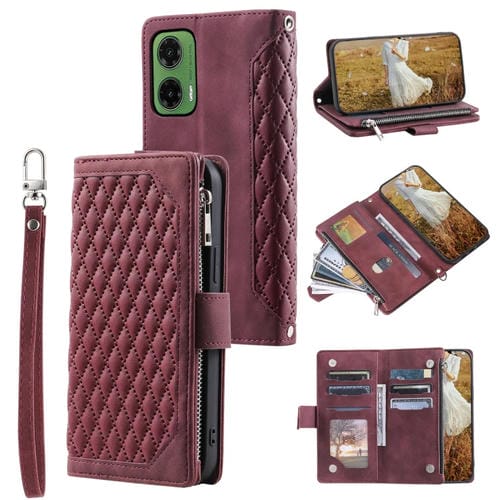 Funda de Cuero con Cremallera y Textura de Cuadrícula para Motorola Moto G35 con Cordón (Rojo Vino)