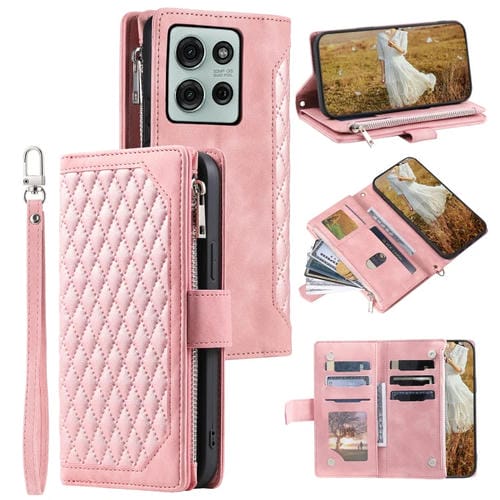 Funda de Cuero con Cremallera y Textura de Cuadrícula para Motorola Moto G75 5G con Cordón (Oro Rosa)