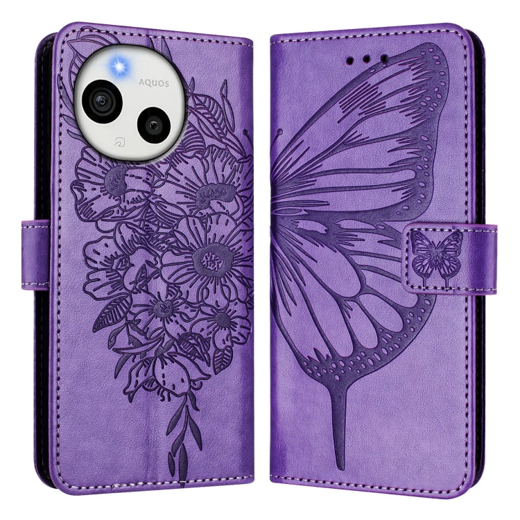 Funda de Cuero para Sharp Aquos Sense9 con Diseño de Mariposa en Relieve (Morado Claro)
