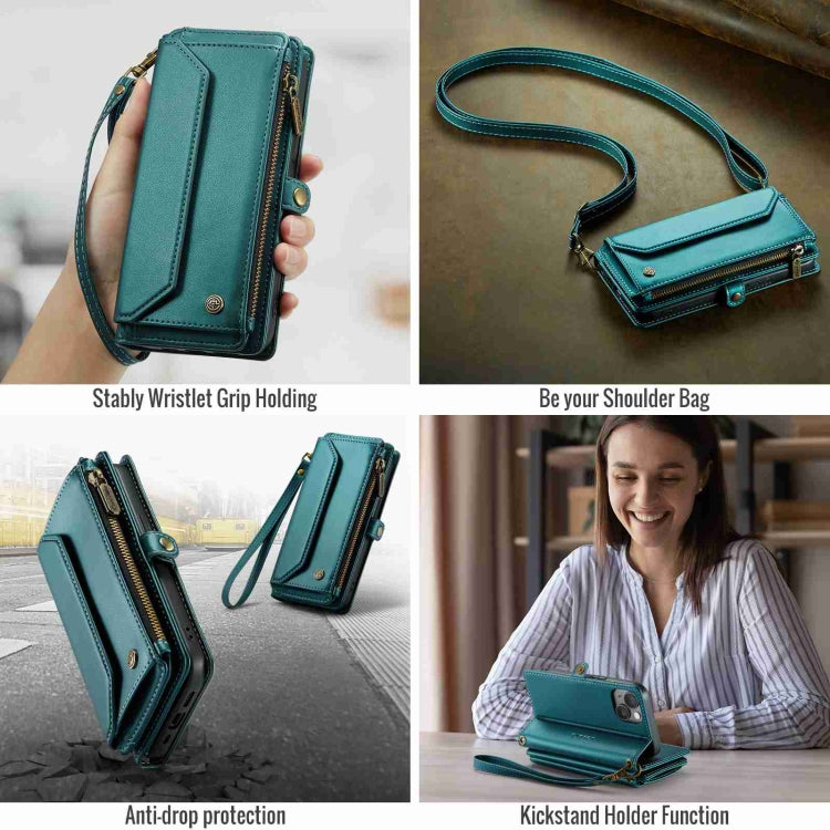 Estuche para Teléfono Caseme C36 para iPhone 15 Cartera con Ranuras y Cremallera Antirrobo Rfid (Azul-Verde) - MOVILSTORE