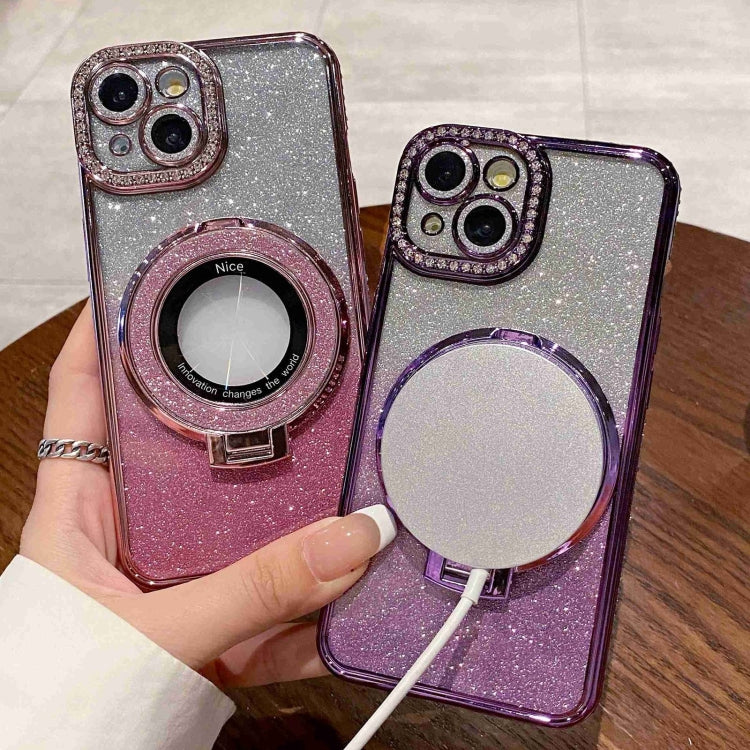 Estuche para Teléfono iPhone 15 Magsafe con Soporte Chapado en Diamantes con Brillo Degradado (Púrpura) - MOVILSTORE