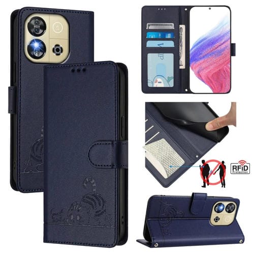 Funda Cuero Rfid Oukitel C57S con Estampado Rata y Gato en Relieve y Cordón (Azul)