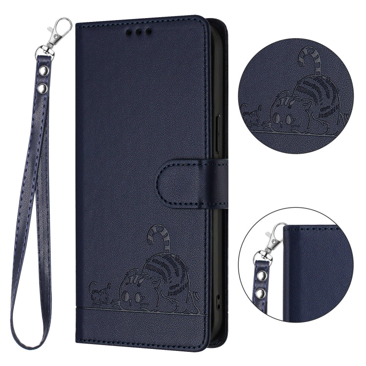 Funda para teléfono iPhone 15 Cat Rat patrón en relieve RFID PU con correa para la muñeca (Azul) - MOVILSTORE