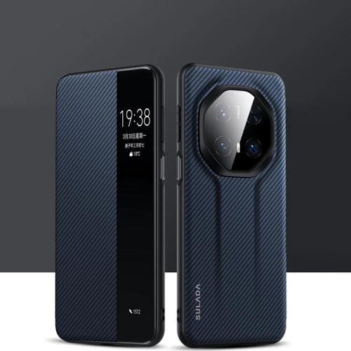 Funda de Cuero con Ventana Inteligente y Textura Kevlar 600D para Huawei Mate 70 Rs Ultimate (Azul)