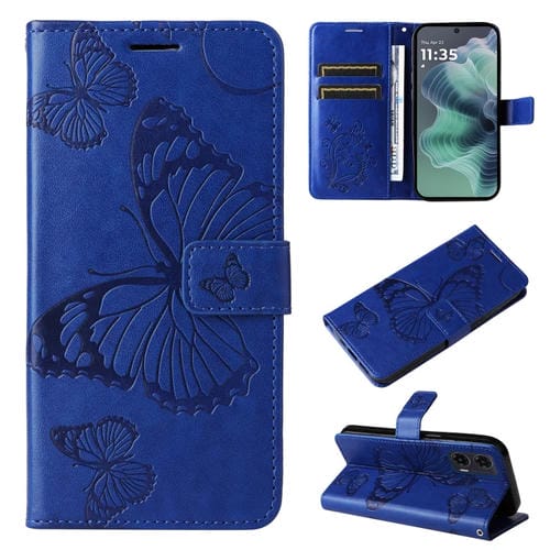 Funda de Cuero con Tapa y Mariposa en Relieve 3D para Motorola Moto G35 (Azul)