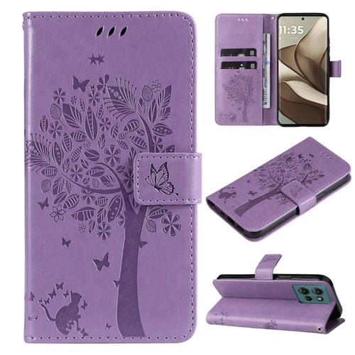 Funda de Cuero con Tapa para Motorola Edge 50 5G con Diseño Árbol y Gato en Relieve (Morado Claro)