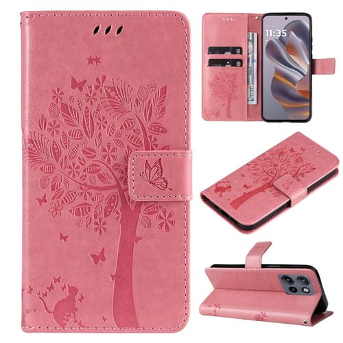 Funda de Cuero con Tapa para Motorola Edge 50 Neo con Diseño de Árbol y Gato (Rosa)