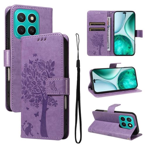 Funda de Cuero con Tapa para Honor X8C 4G Global con Estampado de Árbol y Gato (Morado Claro)