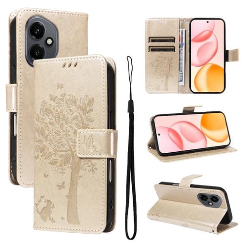 Funda de cuero con tapa para Honor 400 Global (156,5 mm), diseño de árbol y gato en relieve (dorada)